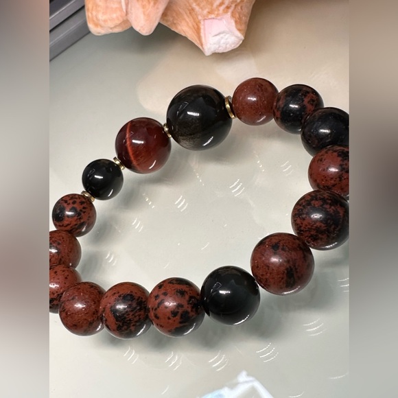 MAHOGANY OBSIDIAN + TIGERS NATURAL BRACELET Sz 7” - Picture 8 of 13